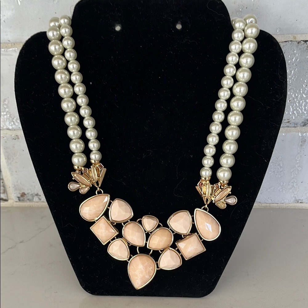 Talbots Cream and Gold Multi-Strand Necklace with Pearls and Teardrop Stones